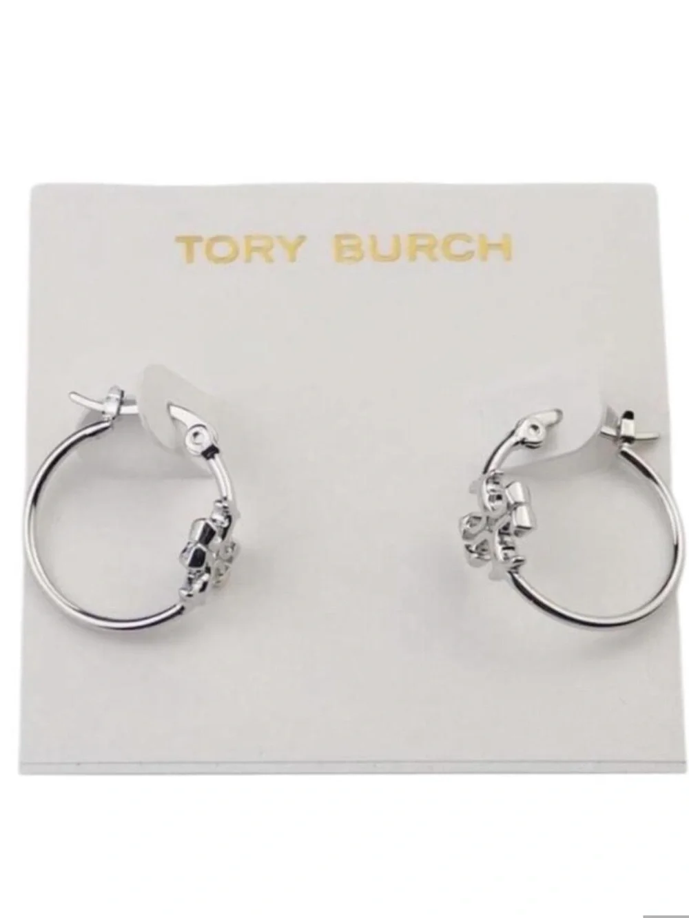 Tory Burch Silver Double T Logo Hoop Earrings NWT w Card